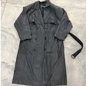 LUIS ALVEAR Black Leather Double Breasted Trench Coat Belted Midi Length